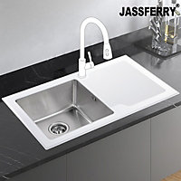 JASSFERRY White Glass Top Kitchen Sink Stainless Steel Single Bowl Right Hand Frosted Drainboard, 860 x 500 mm
