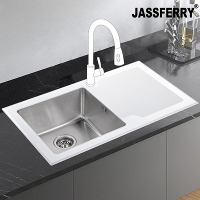 JASSFERRY White Glass Top Kitchen Sink Stainless Steel Single Bowl