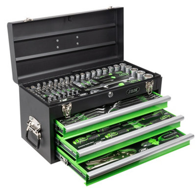 JBM Tools Portable Metal Tool Box 3 Draw, Tools Included, 143pc