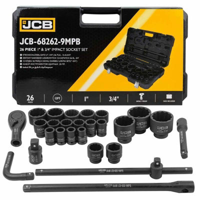 JCB 26 Piece Impact Socket Set, Ratchet Tool and Extension Bar Set, 3/4 ...