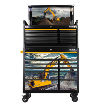 JCB 42 Inch Roller Wheeled Cabinet and Top Tool Chest Stack with Excavator Wrap
