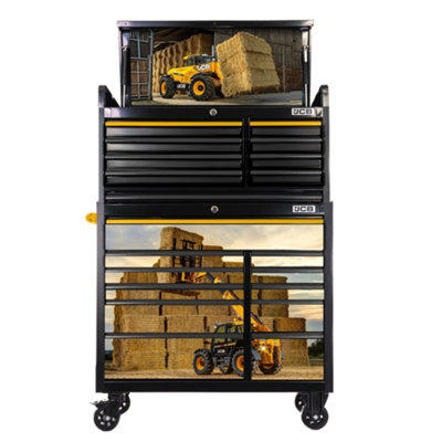 JCB 42 Inch Roller Wheeled Cabinet and Top Tool Chest Stack with Telehandler Loader Wrap