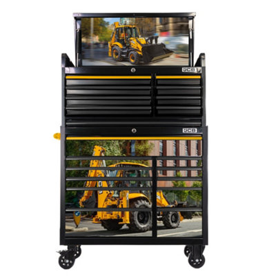 JCB 42 Inch Roller Whelled Cabinet and Top Tool Chest Stack with Backhoe Loader Wrap