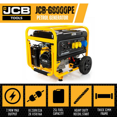 JCB 7.9kW / 9.8kVA Petrol Site Generator, 115V / 230V 15hp 457cc JCB Engine, Recoil & Electric Start  JCB-G8000PE