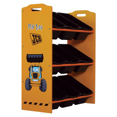 JCB 9 Bin Storage Unit, Digger Theme, Black Storage Boxes, Kids