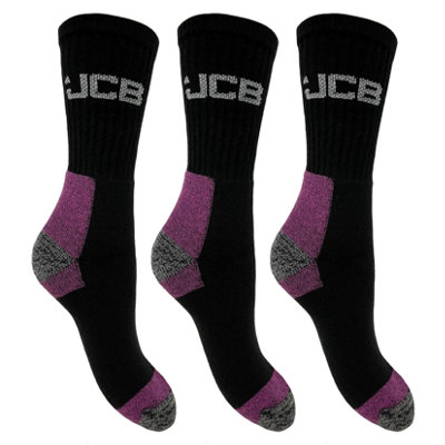 JCB Ladies' Workwear Apparel Socks - UK Size 4 - 8 Black/Purple - 3 PAIRS