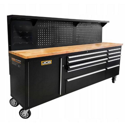 JCB Workshop Table Trolley and Tool Cabinet, 10 Drawers, 13 Hooks, Caster Mounted  JCB-01Y0109