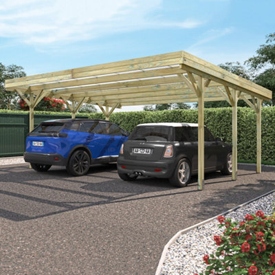 Jean Double Wooden Carport 6m x 5m Clear Roof with Galvanised Concrete-in Feet