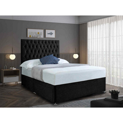 Jemma Divan Bed Set with Headboard and Mattress - Chenille Fabric, Black Color, 2 Drawers Left Side