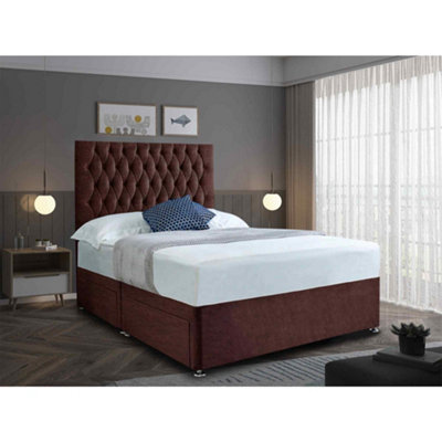 Jemma Divan Bed Set with Headboard and Mattress - Chenille Fabric, Brown Color, 2 Drawers Left Side