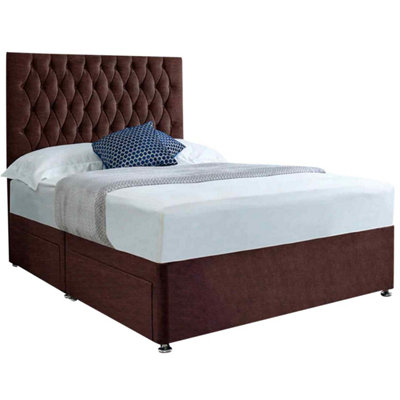 Jemma Divan Bed Set with Headboard and Mattress Chenille Fabric Brown Color 2 Drawers Right Side