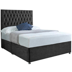 Jemma Divan Bed Set with Headboard and Mattress - Chenille Fabric, Charcoal Color, 2 Drawers Left Side