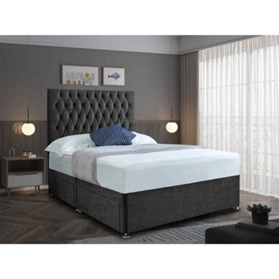 Jemma Divan Bed Set with Headboard and Mattress - Chenille Fabric, Charcoal Color, 2 Drawers Right Side