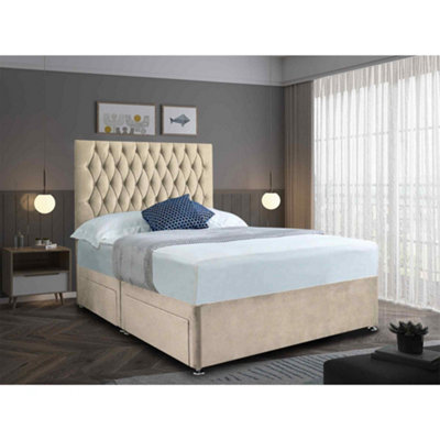 Jemma Divan Bed Set with Headboard and Mattress - Chenille Fabric, Cream Color, 2 Drawers Left Side