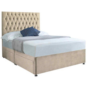 Jemma Divan Bed Set with Headboard and Mattress - Chenille Fabric, Cream Color, 2 Drawers Left Side