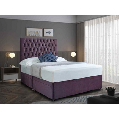 Jemma Divan Bed Set with Headboard and Mattress Chenille Fabric Purple Color 2 Drawers Left Side