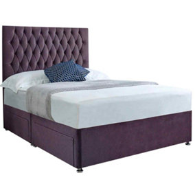Jemma Divan Bed Set with Headboard and Mattress - Chenille Fabric, Purple Color, 2 Drawers Left Side