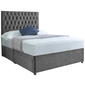 Jemma Divan Bed Set with Headboard and Mattress - Chenille Fabric, Silver Color, 2 Drawers Left Side
