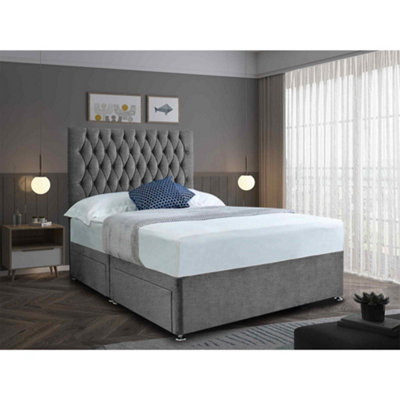 Jemma Divan Bed Set with Headboard and Mattress - Chenille Fabric, Silver Color, Non Storage