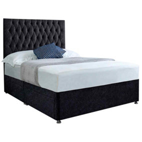 Jemma Divan Bed Set with Headboard and Mattress - Crushed Fabric, Black Color, 2 Drawers Left Side
