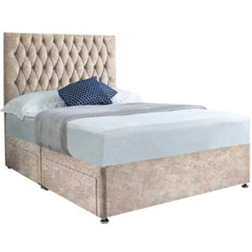 Jemma Divan Bed Set with Headboard and Mattress - Crushed Fabric, Cream Color, 2 Drawers Left Side