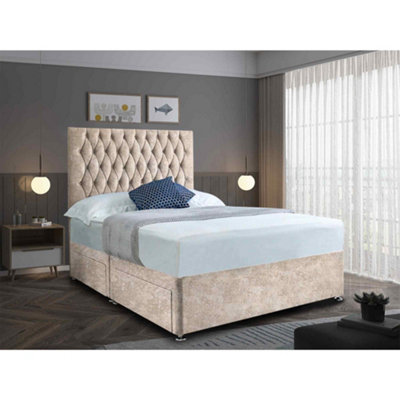 Jemma Divan Bed Set with Headboard and Mattress - Crushed Fabric, Cream Color, Non Storage