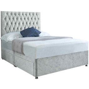 Jemma Divan Bed Set with Headboard and Mattress - Crushed Fabric, Silver Color, 2 Drawers Left Side
