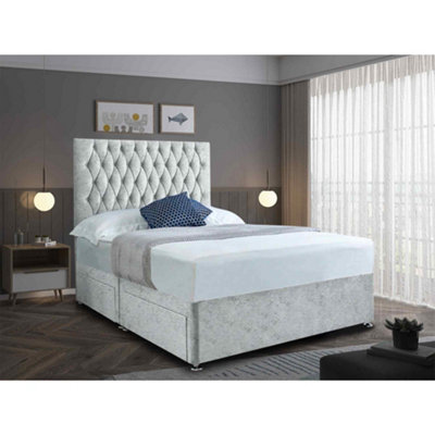 Jemma Divan Bed Set with Headboard and Mattress - Crushed Fabric, Silver Color, 2 Drawers Right Side