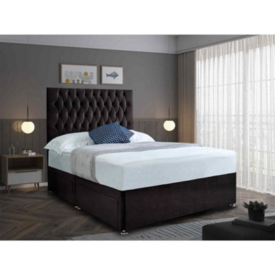 Jemma Divan Bed Set with Headboard and Mattress - Plush Fabric, Black Color, 2 Drawers Left Side
