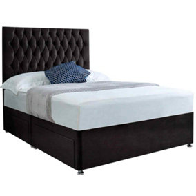 Jemma Divan Bed Set with Headboard and Mattress - Plush Fabric, Black Color, 2 Drawers Right Side