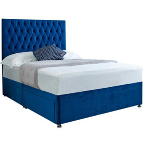 Jemma Divan Bed Set with Headboard and Mattress - Plush Fabric, Blue Color, 2 Drawers Left Side