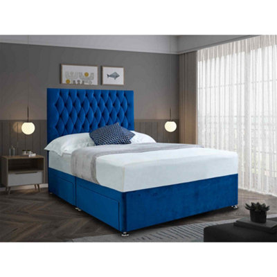 Jemma Divan Bed Set with Headboard and Mattress - Plush Fabric, Blue Color, 2 Drawers Right Side