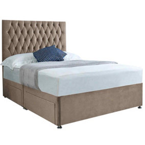 Jemma Divan Bed Set with Headboard and Mattress - Plush Fabric, Mink Color, 2 Drawers Left Side
