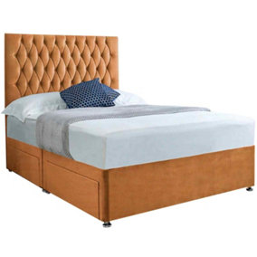 Jemma Divan Bed Set with Headboard and Mattress - Plush Fabric, Mustard Color, 2 Drawers Left Side