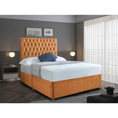 Jemma Divan Bed Set with Headboard and Mattress - Plush Fabric, Mustard Color, 2 Drawers Left Side