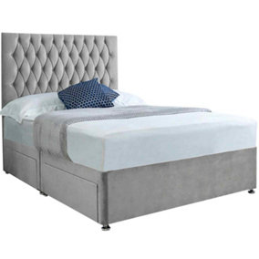 Jemma Divan Bed Set with Headboard and Mattress - Plush Fabric, Silver Color, 2 Drawers Left Side