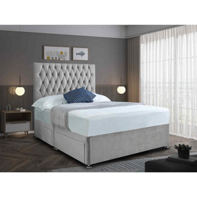 Jemma Divan Bed Set with Headboard and Mattress - Plush Fabric, Silver Color, 2 Drawers Left Side