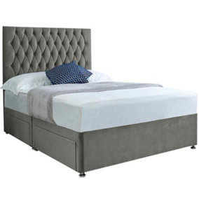 Jemma Divan Bed Set with Headboard and Mattress - Plush Fabric, Steel Color, 2 Drawers Left Side