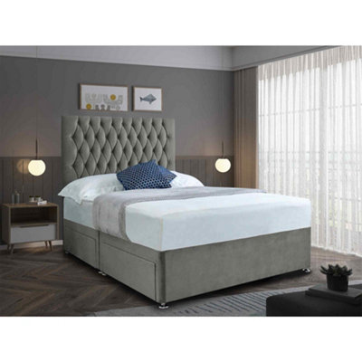 Jemma Divan Bed Set with Headboard and Mattress - Plush Fabric, Steel Color, 2 Drawers Right Side
