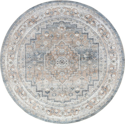 JENNIFER Round Machine Washable Traditional Boho Navy Blue Area Rug 200 x 200 cm