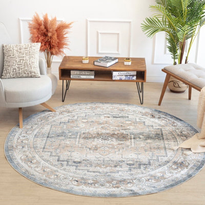 JENNIFER Round Machine Washable Traditional Boho Navy Blue Area Rug 200 x 200 cm
