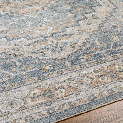 JENNIFER Round Machine Washable Traditional Boho Navy Blue Area Rug 200 x 200 cm