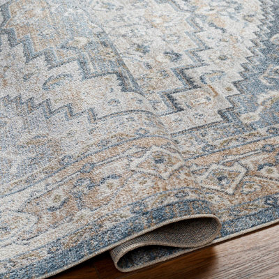 JENNIFER Round Machine Washable Traditional Boho Navy Blue Area Rug 200 x 200 cm