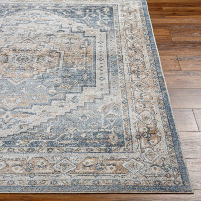 JENNIFER Round Machine Washable Traditional Boho Navy Blue Area Rug 200 x 200 cm