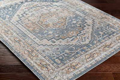 JENNIFER Round Machine Washable Traditional Boho Navy Blue Area Rug 200 x 200 cm