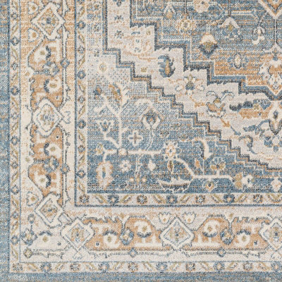 JENNIFER Round Machine Washable Traditional Boho Navy Blue Area Rug 200 x 200 cm