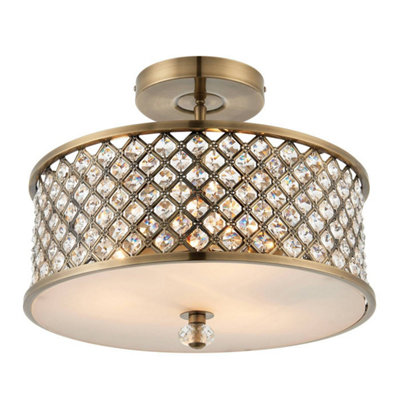 Jenson Antique Brass with Clear K5 Crystal Glass Drops Decorative 3 Light Semi Flush Ceiling Light