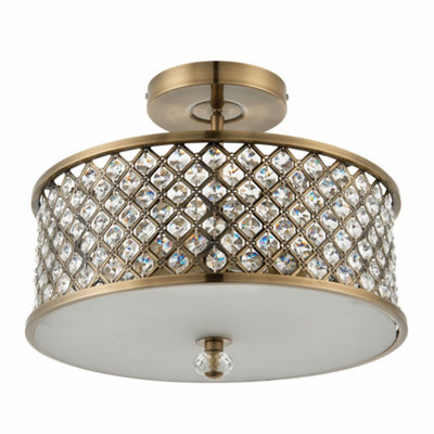 Jenson Antique Brass with Clear K5 Crystal Glass Drops Decorative 3 Light Semi Flush Ceiling Light