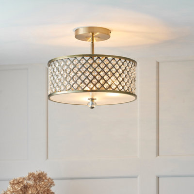 Jenson Antique Brass with Clear K5 Crystal Glass Drops Decorative 3 Light Semi Flush Ceiling Light