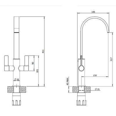 Jeroni Copper Kitchen Mixer Tap with High Swept Spout and Dual Lever ...